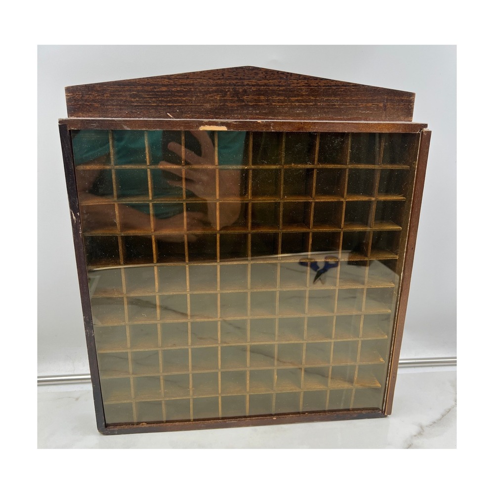 Vintage Wooden Thimble Case Plexiglass Wall 84 Cubbies Miniatures Display Hangs